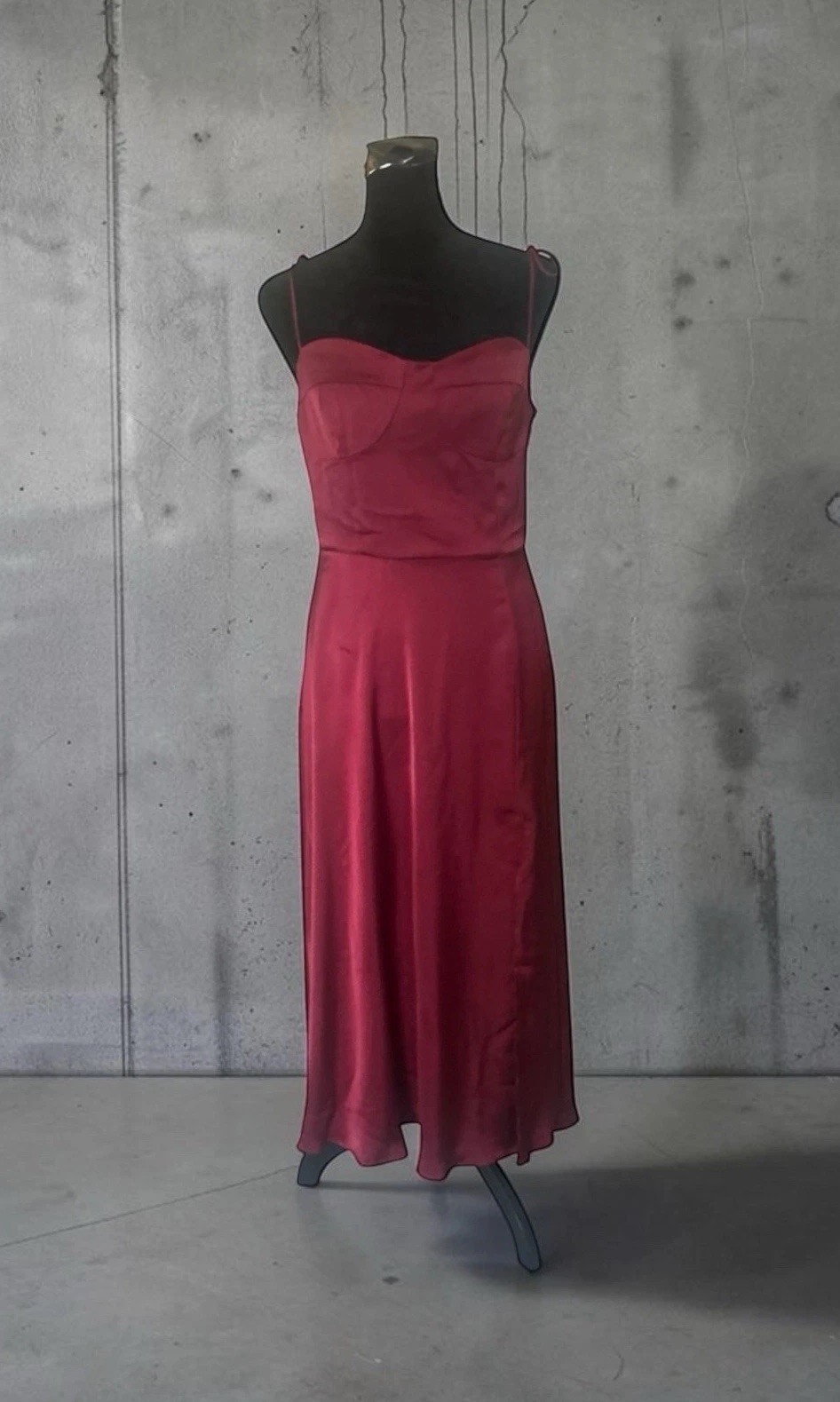 On You Burgundy Satin Slip Midi Dress M Smocked Back Spaghetti Straps