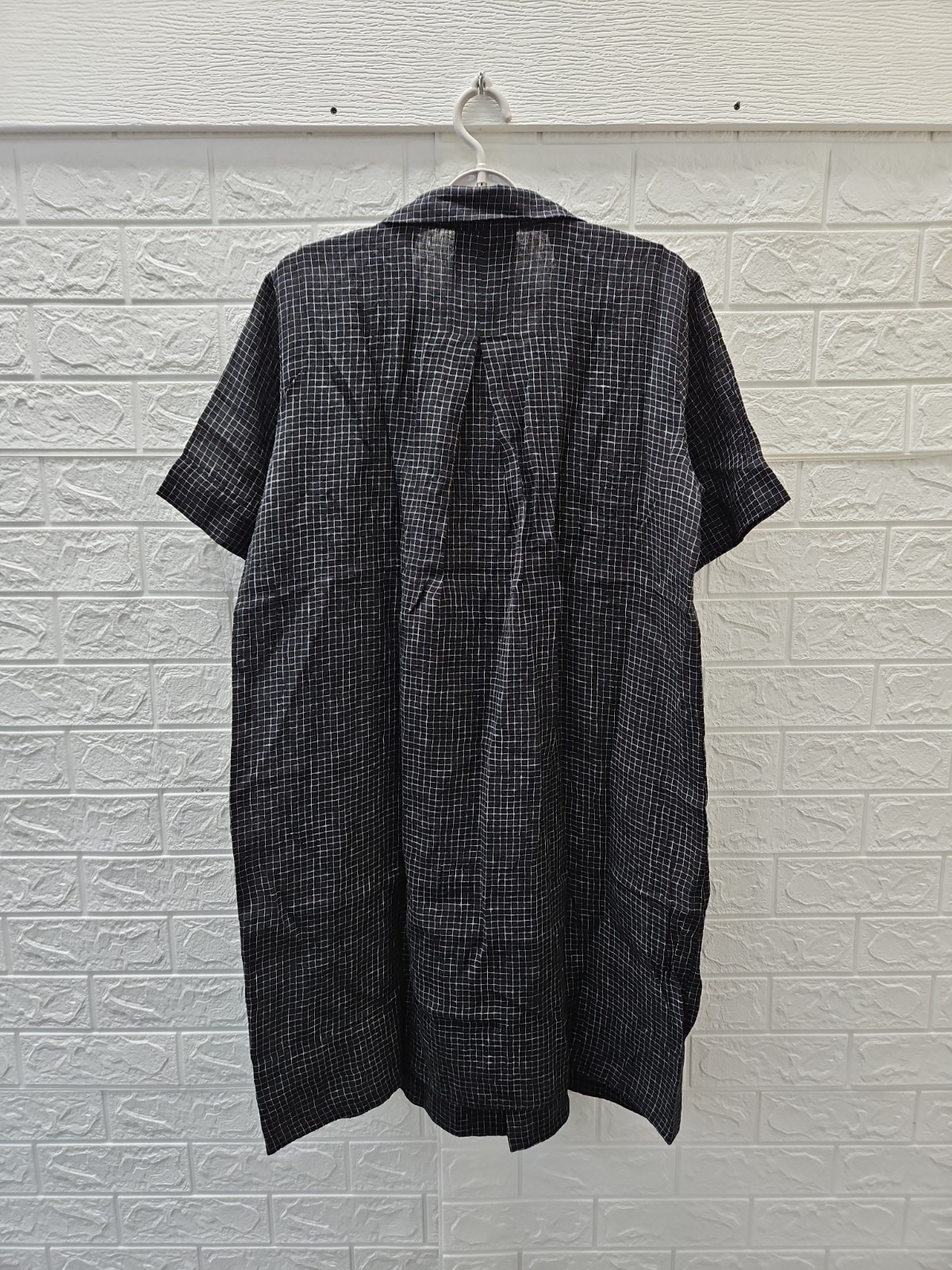 New Eileen Fisher Puckered Linen Grid Classic Collar Dress Black/White Sz S
