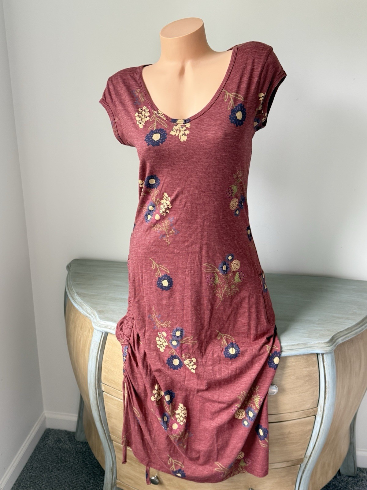 Toad&Co Ruched Midi Maxi Dress Drawstring Floral Tencel Lyocell Pockets M Long