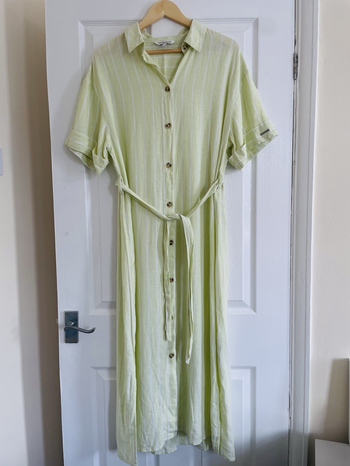 U.S. Polo Assn Linen Blend Shirt Dress Green Striped Midi Dress Tie Waist UK 12