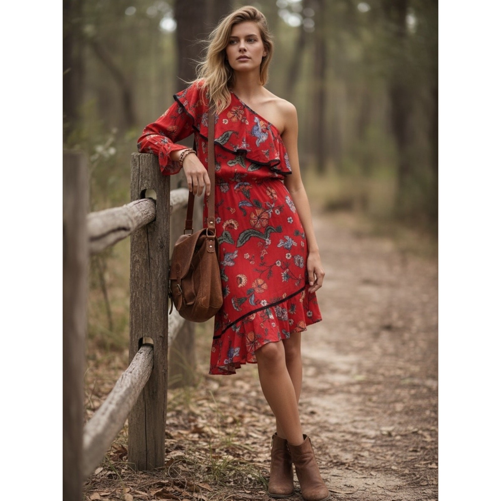 Love Sam Red Floral One Shoulder Asymmetrical Ruffle Dress XS Boho Viscose