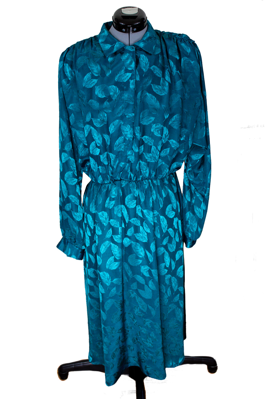 Vintage Caron Chicago Sz 12 Blue Green Teal Leaves Midi Dress 80s Shine