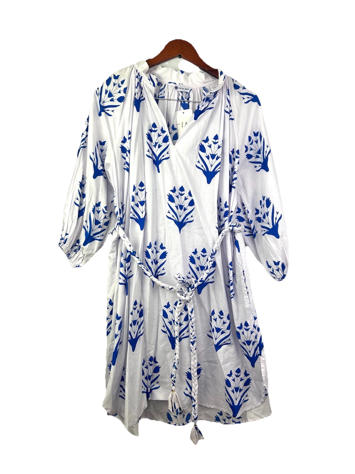 Caryn Lawn Pippi Dress Women’s OSFM with Braided Tie Belt Puff Sleeve Floral NEW