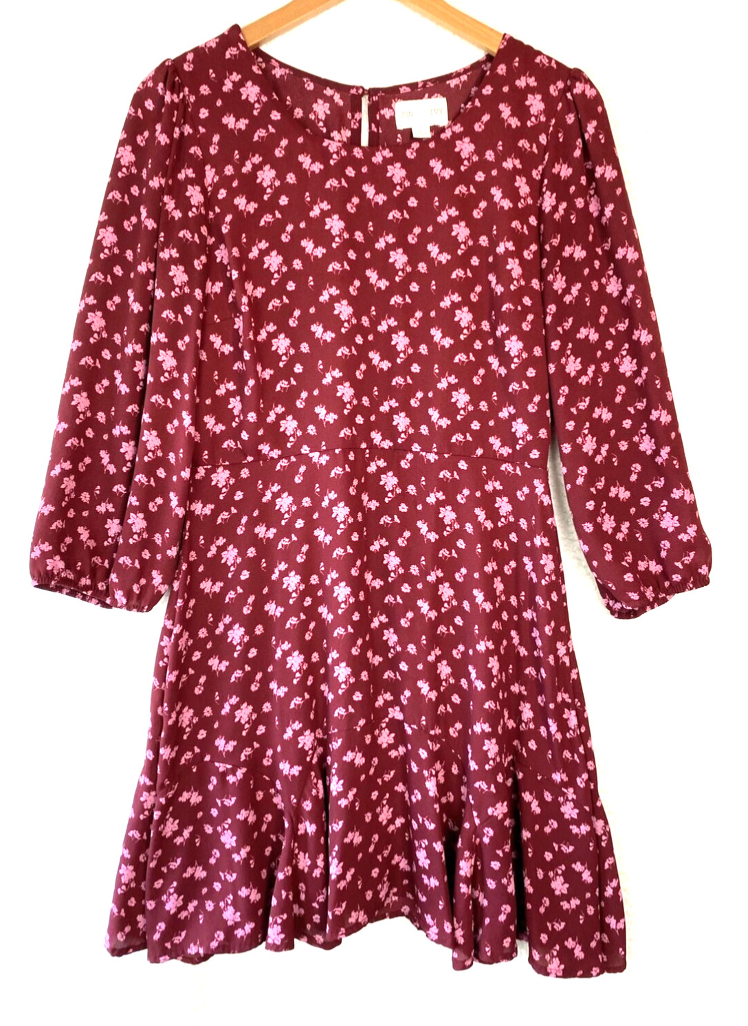 Jun and Ivy Fit & Flare Dress Womens Large Maroon Pink Ditsy Floral Work Office