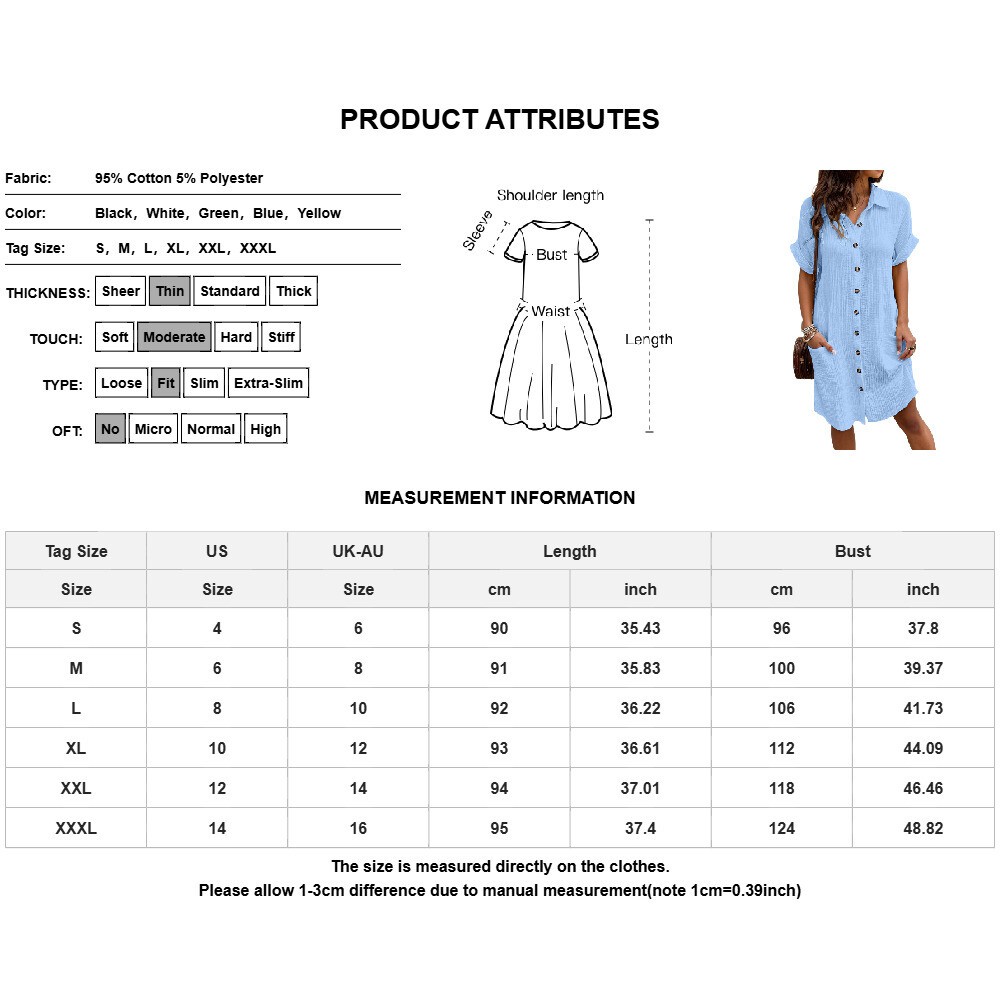 Womens Solid Buttons Down Collar Shirts Dress Ladies Casual Summer Mini Dress US