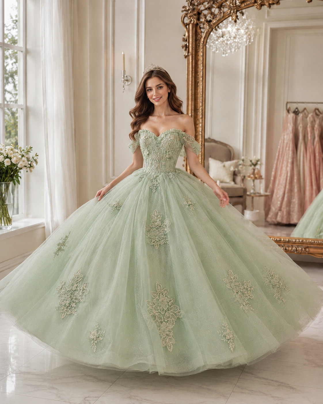 Sage Green Quinceanera Ball Gown Off Shoulder Flower Appliques Sweet 16 Dresses