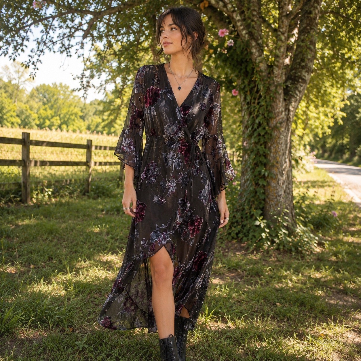 Flying Tomato Burnout Velvet Floral Maxi Dress Black High Low Bell Sleeve Wrap