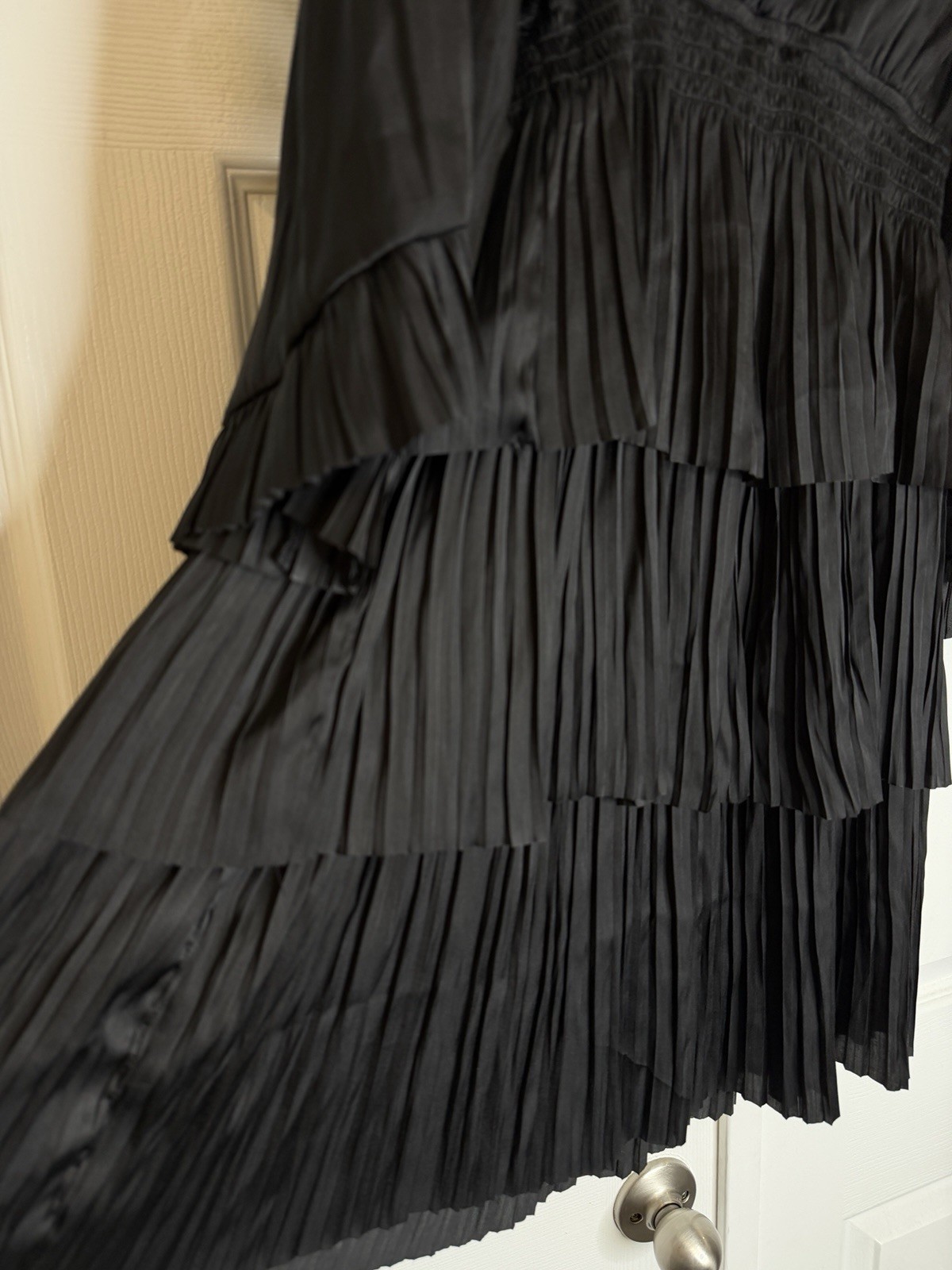 Hale Bob Esmeralda Solid Mini Dress Black M Pleated Ruffle Smocked Waist Boho