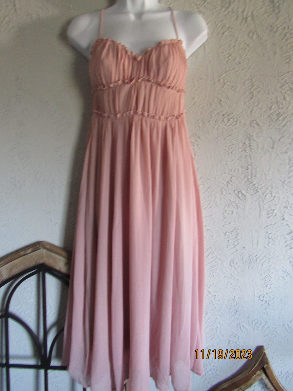 OPT nwt sz S peach peasant midi dress gathered bust ties at back sheer over slip