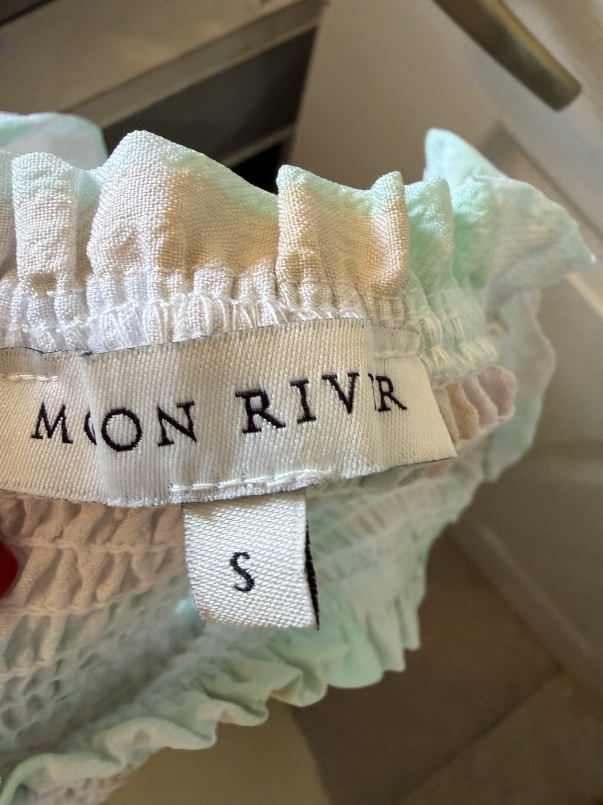 MON RIVR White Light Blue Striped Square Neck Smocked Ruffle Midi Dress S