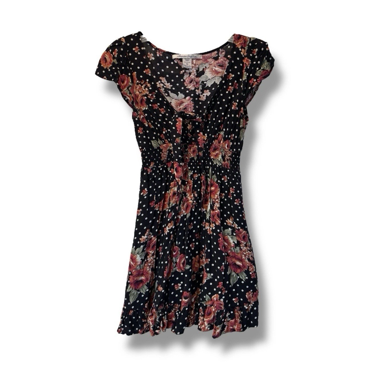 Vtg Babydoll Floral Dot Mini Dress Womens M Black 00s Y2K Whimsigoth Goth Ruffle
