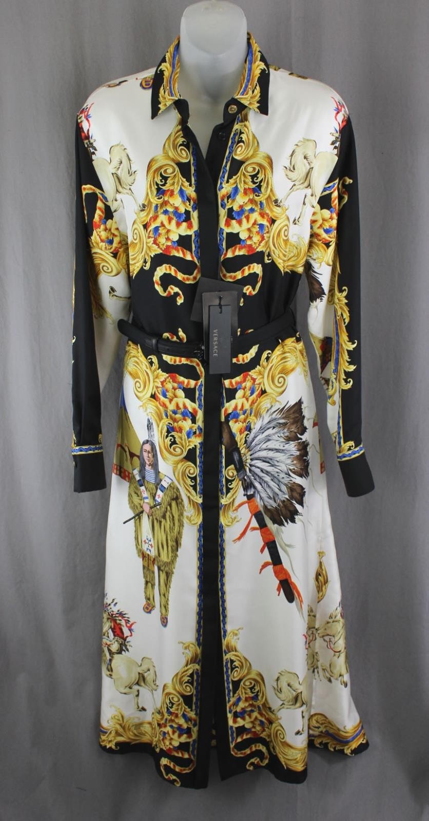 Versace NWT Women’s Black Gold Multi Print Silk Belted Long Sleeve Dress 40 6
