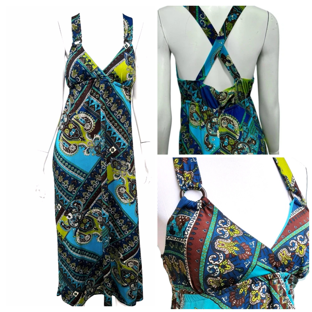 Y2k Maxi Halter Babydoll Dress L Teal brown Paisley O-Ring Fairygoth Whimsigoth