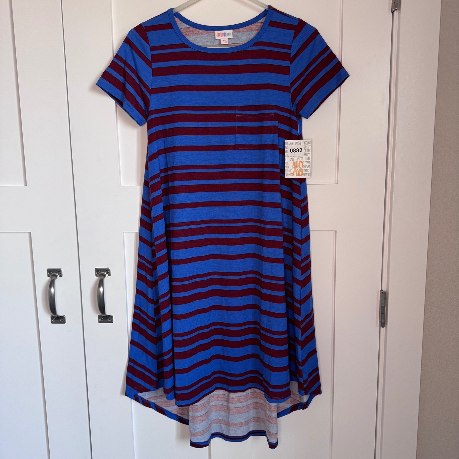 NWT LuLaRoe Carly Dress Women’s Size XS Blue Stripes with Chest Pocket Hi Low
