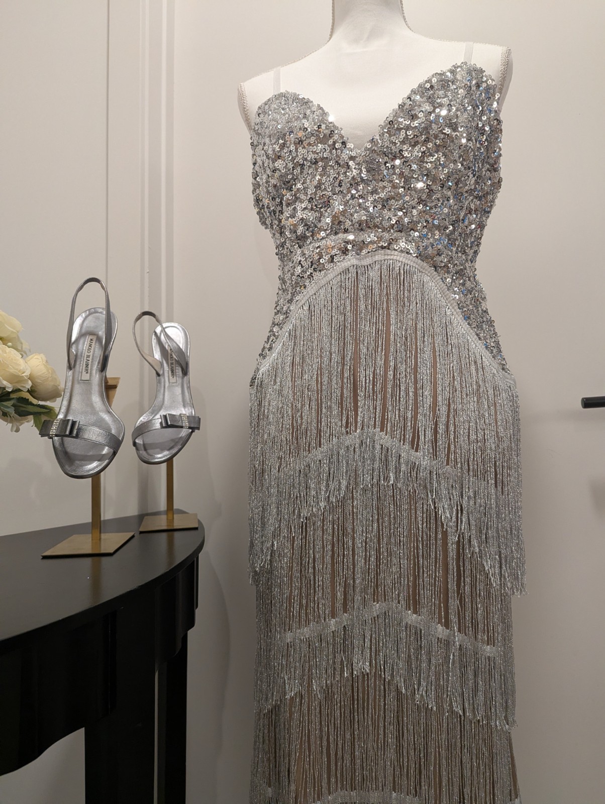 XL Silver Solid Sequin Fringe Mesh V-Neck Strappy Zip Stretch Maxi Dress