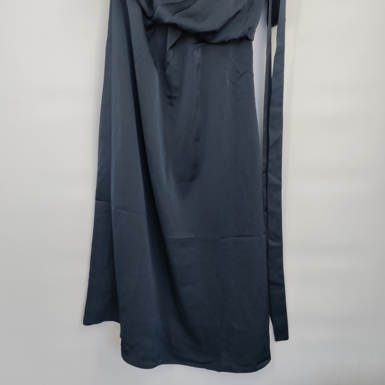 New Amylynn Satin One Shoulder Tie Sash Asymmetrical Midi Dress Small Women Blue