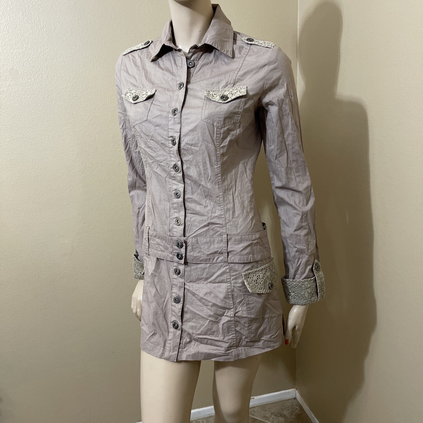 Women’s Beige Cotton Casual Collared Belted Lace Pickets Size S Button-up Dress