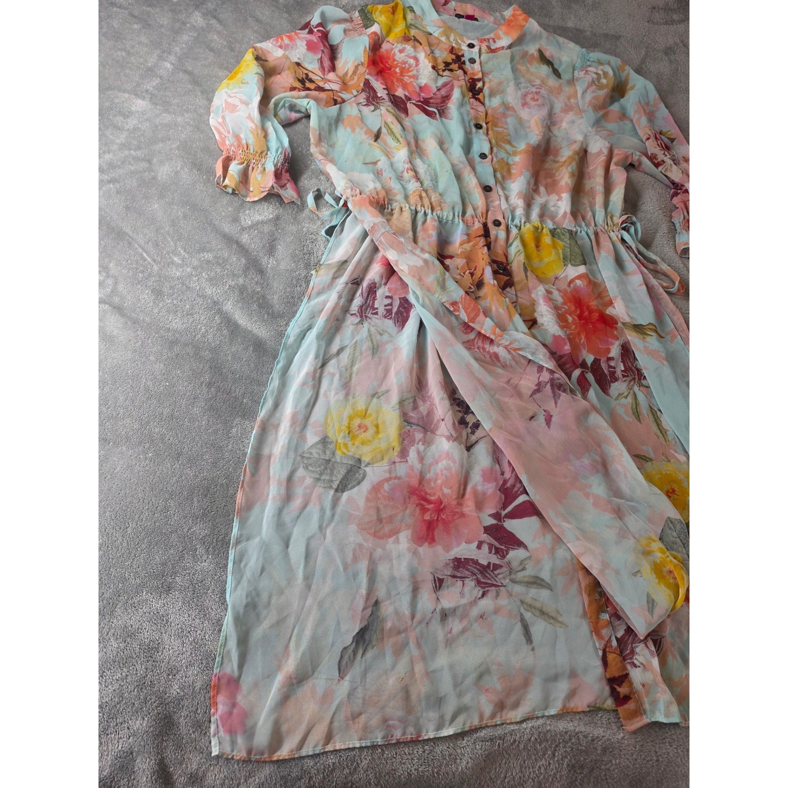 Vince Camuto Floral Button Front Midi Dress Blue XL Drawstring Waist Side Slits