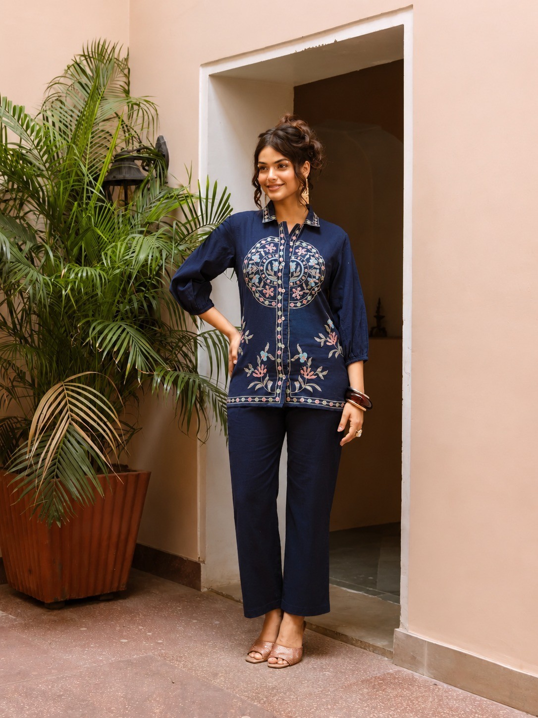 Women Navy Blue Cotton Flex Co-Ord Set Embroidered Top Pant Outfit