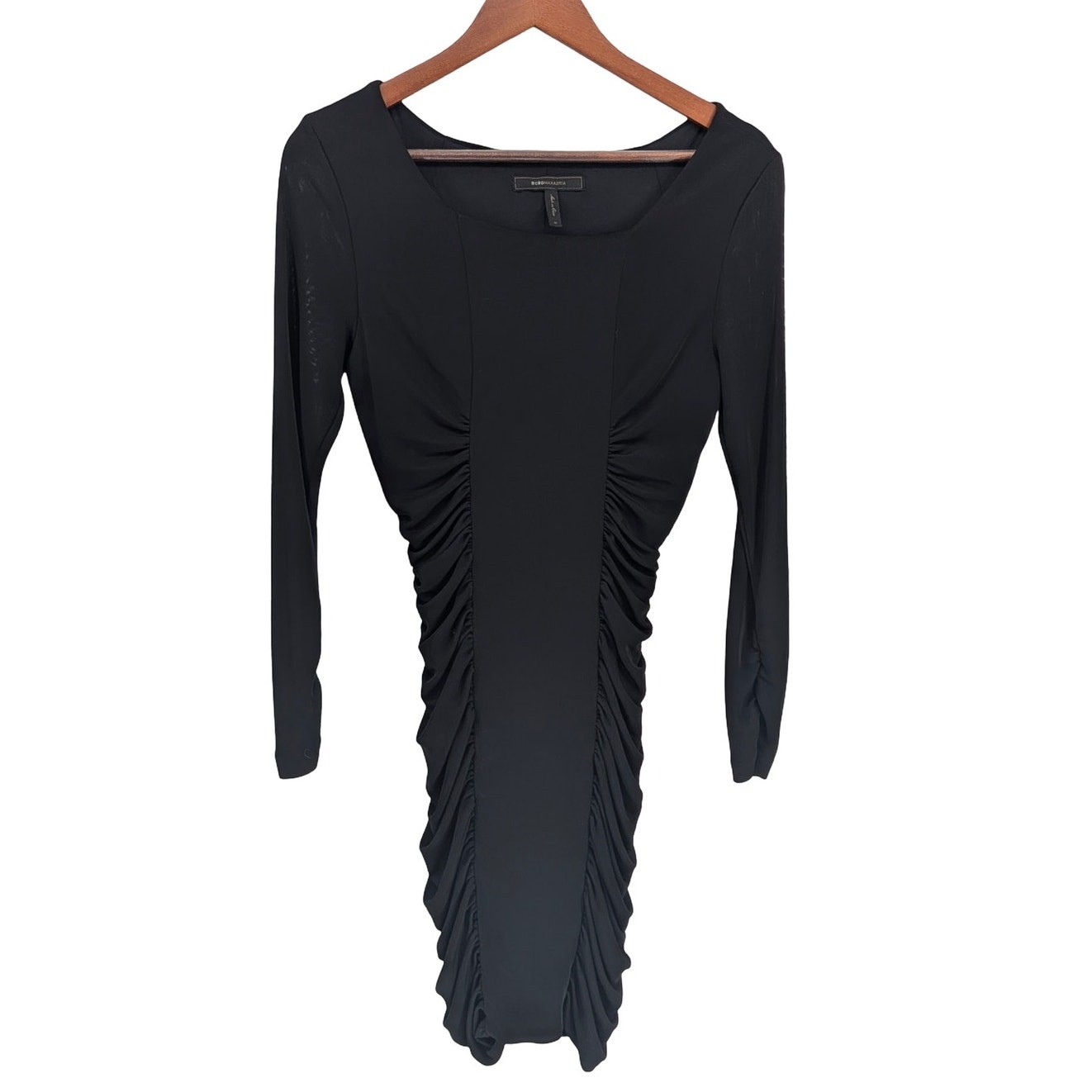 BCBGMAXAZRIA Janeeva Ruched Bodycon Dress Black Long Sleeve Size M Stretch