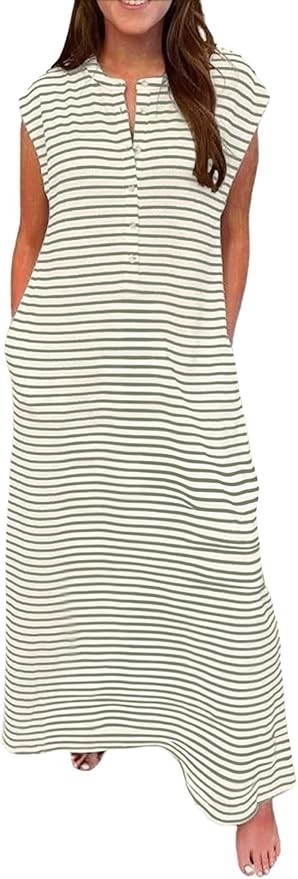 Women Summer Comfy Sleeveless Henley T Shirt Dress with Pockets Loose Striped