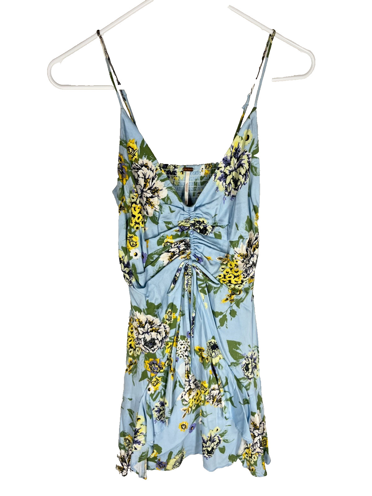 FREE PEOPLE Happy Heart Ruched Mini Dress Sz XS V-neck Strap Floral Print Boho