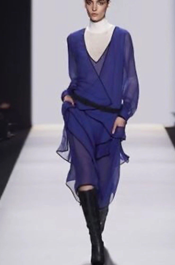 NWT $428 BCBGMAXAZRIA RUNWAY LYDIA LARKSPUR BLUE DRESS Layered Sheer sz XXS Sz 0