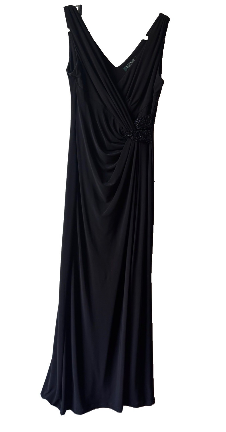 Lauren Ralph Lauren Evening Black V-Neck Gown Faux Wrap Beaded Accent Size 8 P
