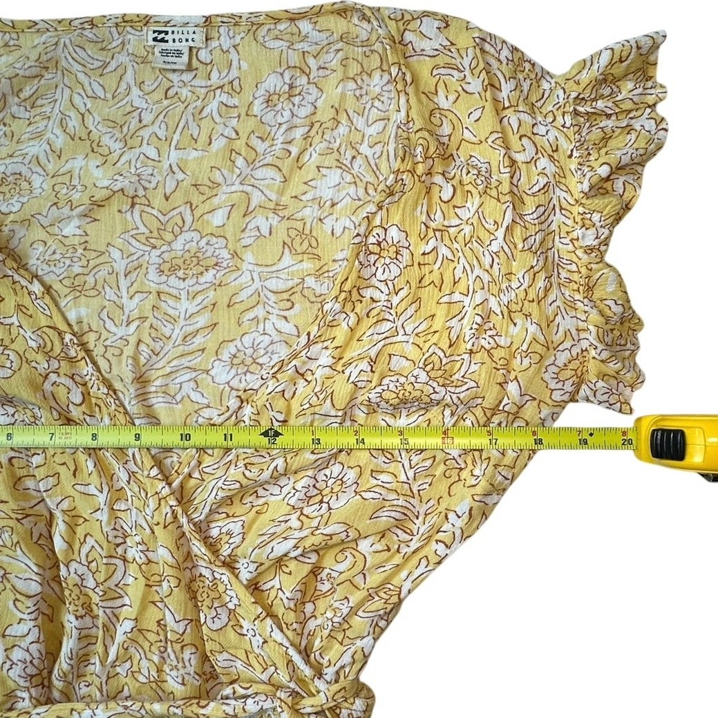 Billabong Wrap & Roll Floral Garden Yellow Ruffle Wrap Tie Boho Mini Dress Small