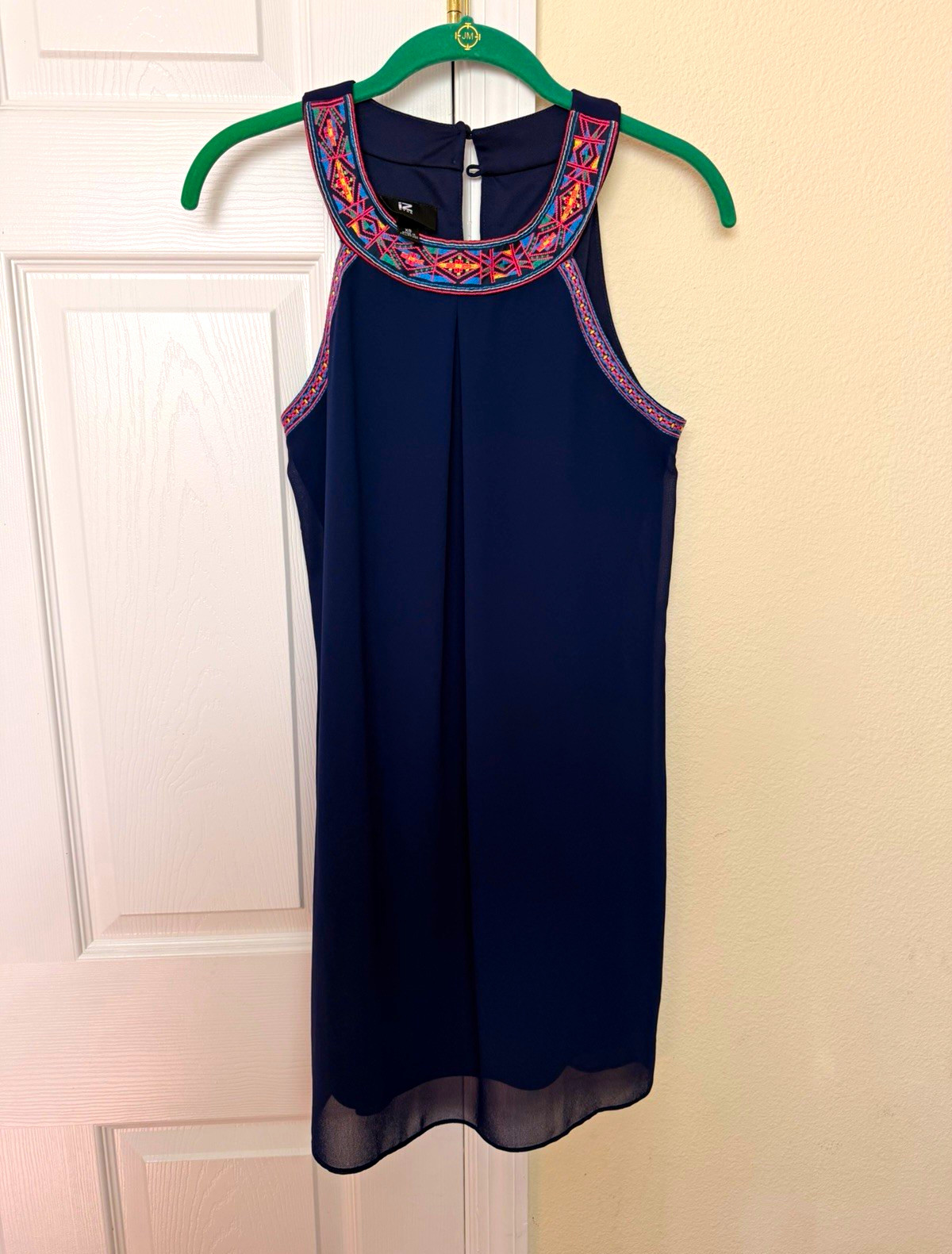 Navy Chiffon Shift Dress Crew Neck Embroidered Sleeveless Lined Zip Size S