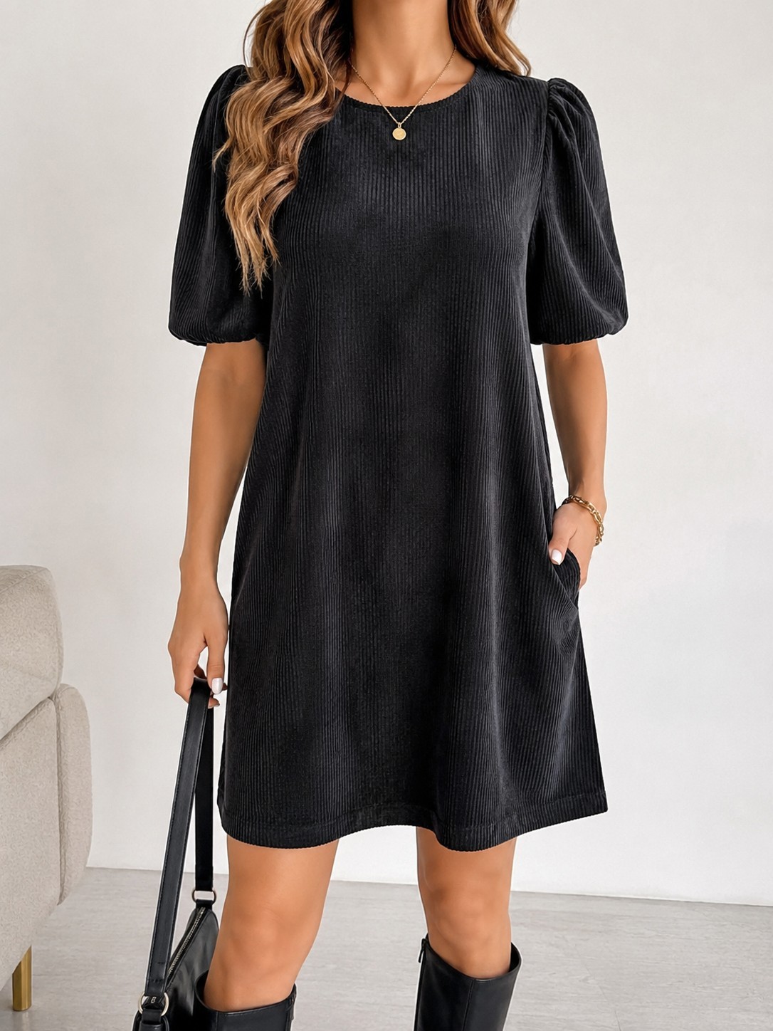 Who What Wear Black Textured Knit Shift Dress Short Puff Sleeve Round Neck XXL