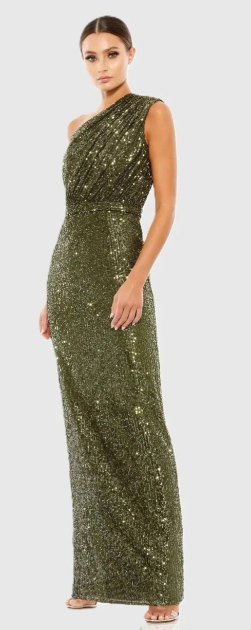 Mac Duggal 26694 Sequined Ruched One Shoulder Gown NWT Size 14 Olive Green