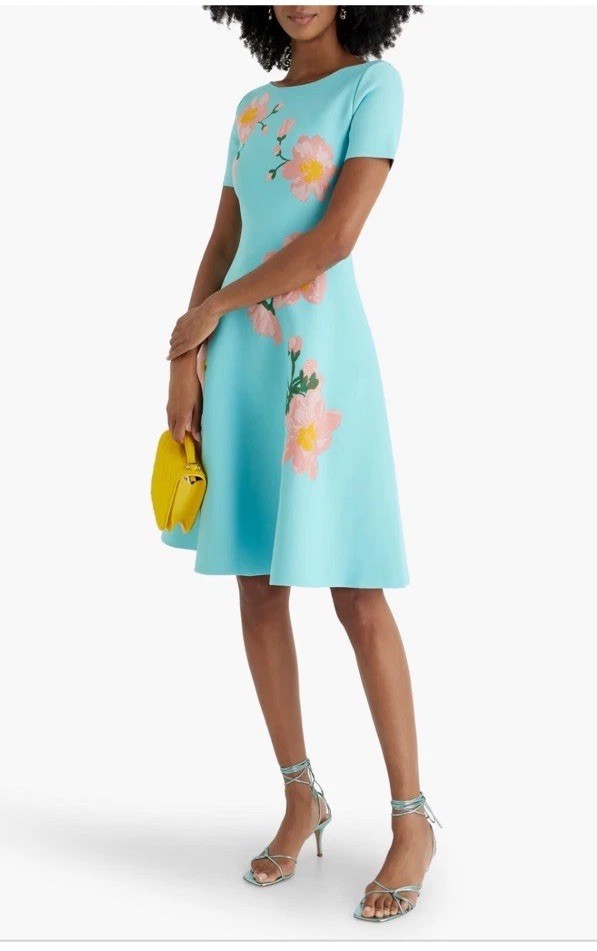 Final Price Carolina Herrera Floral Printed Fit Flare Midi Dress Blue 3XL $2390