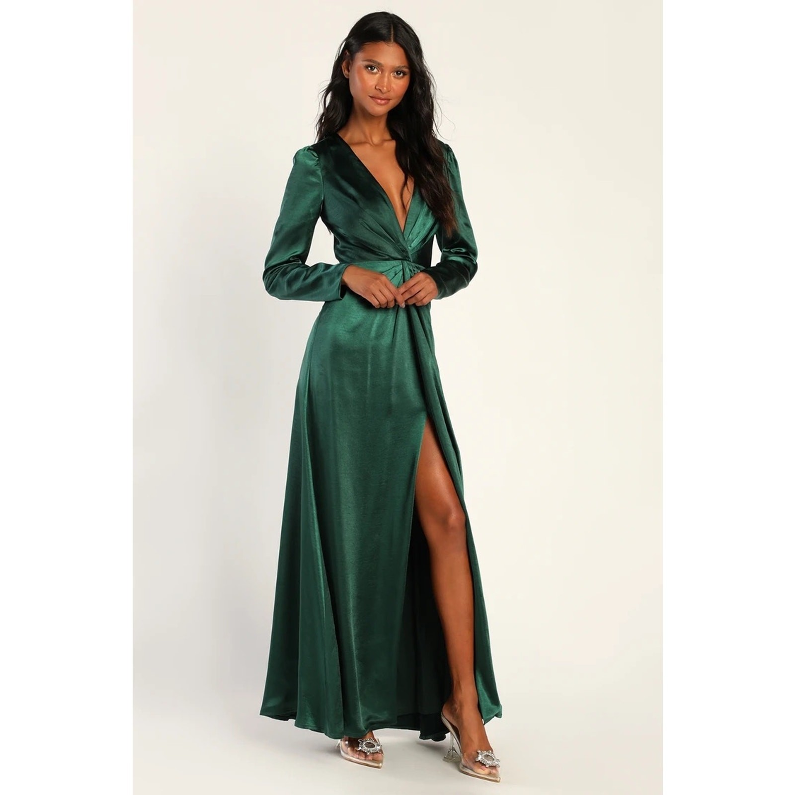 NWOT Lulus Endearing Elegance Emerald Green Satin Long Sleeve Maxi Dress Size M