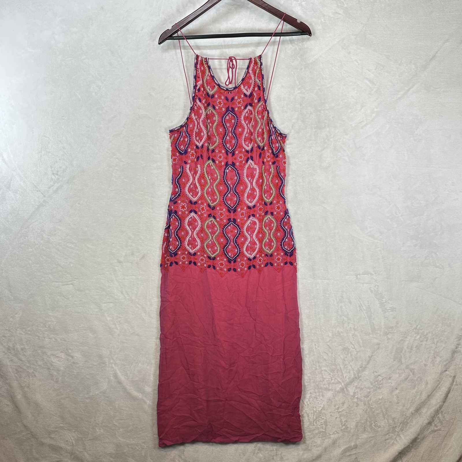 Anopia Collezioni Dress Womens 10 Pink Beaded Silk Paisley Slip Midi Boho Y2K