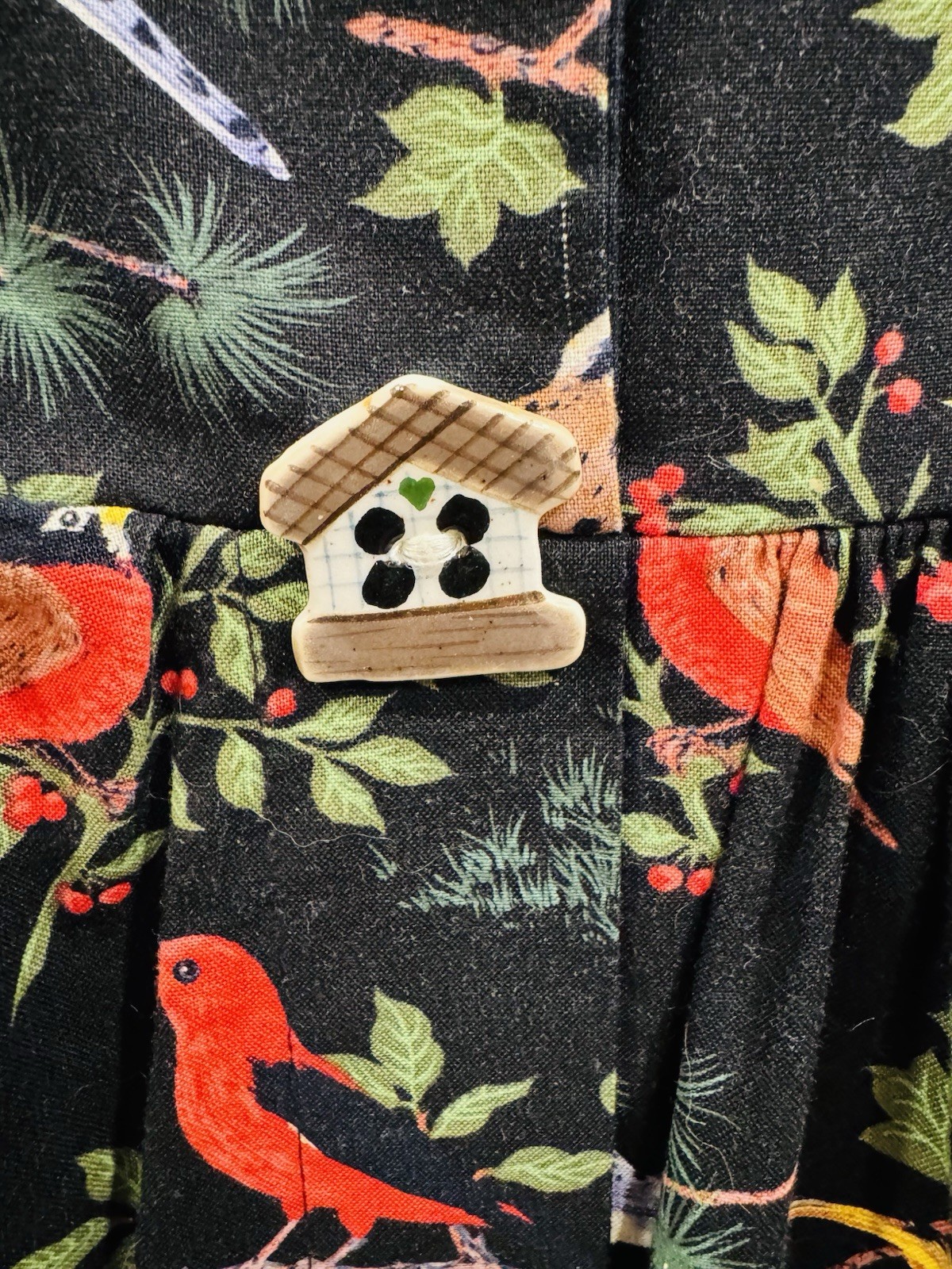 Worldly Designs Bird Print Cotton Midi Dress Small Made USA Hand Painted Buttons