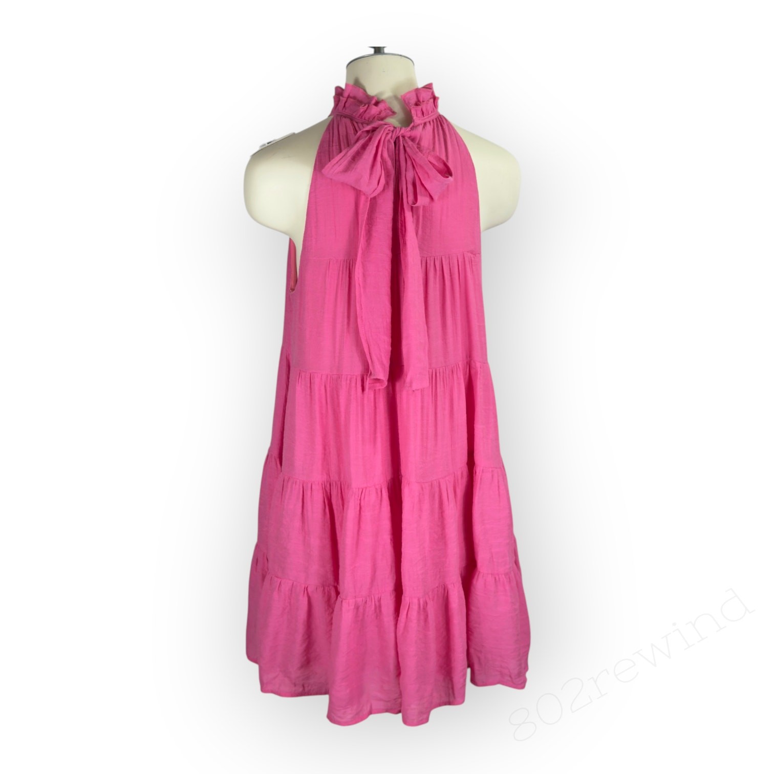 Entro Mini Dress Hot Pink Tiered Halter High-Neck Tie-Back Trapeze Sleeveless Lg