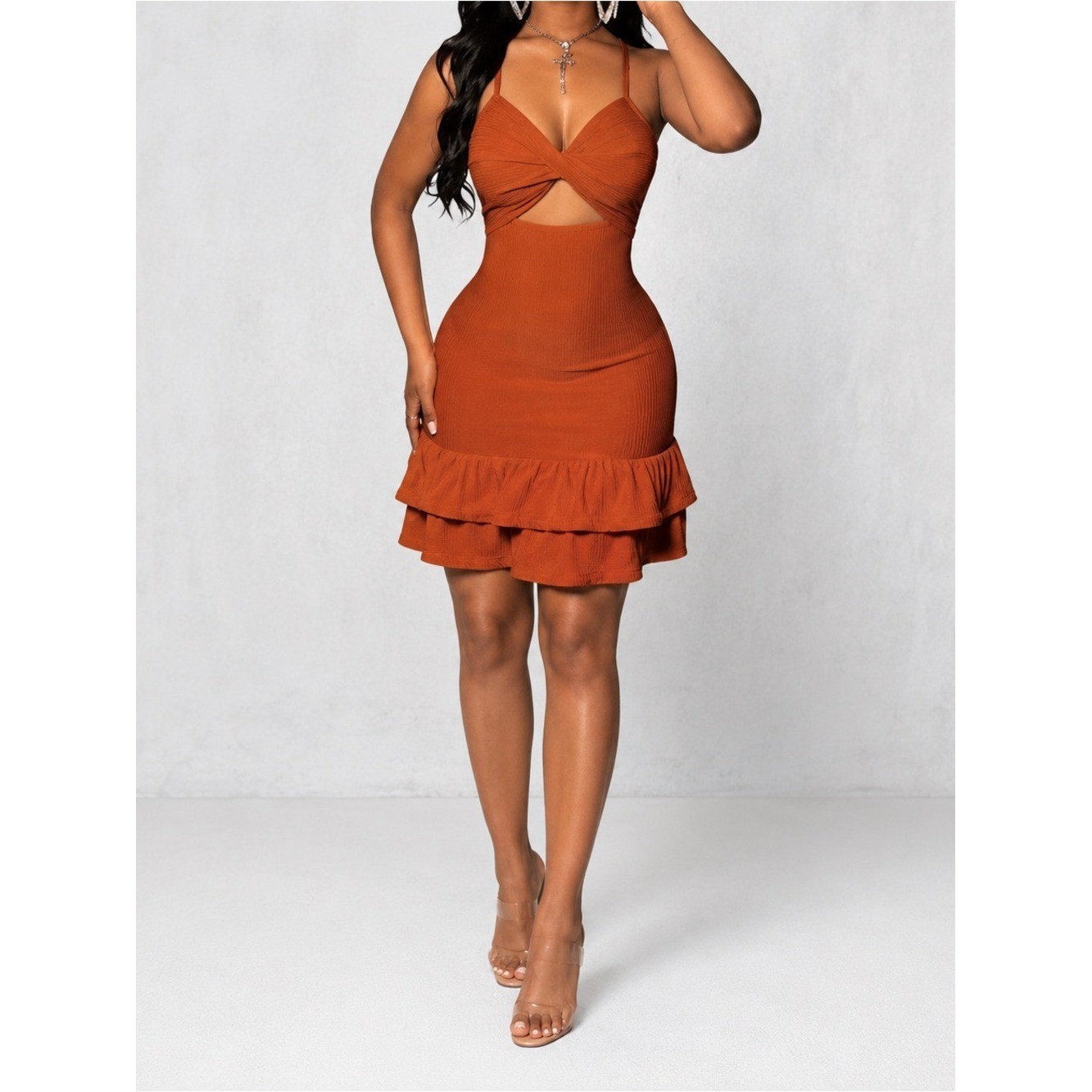 Rust Orange Twist-Front Ruffle Mini Dress