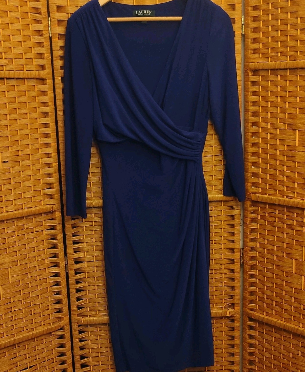 Lauren Ralph Lauren Women’s Blue V-Neck Draped Midi Dress Size 10