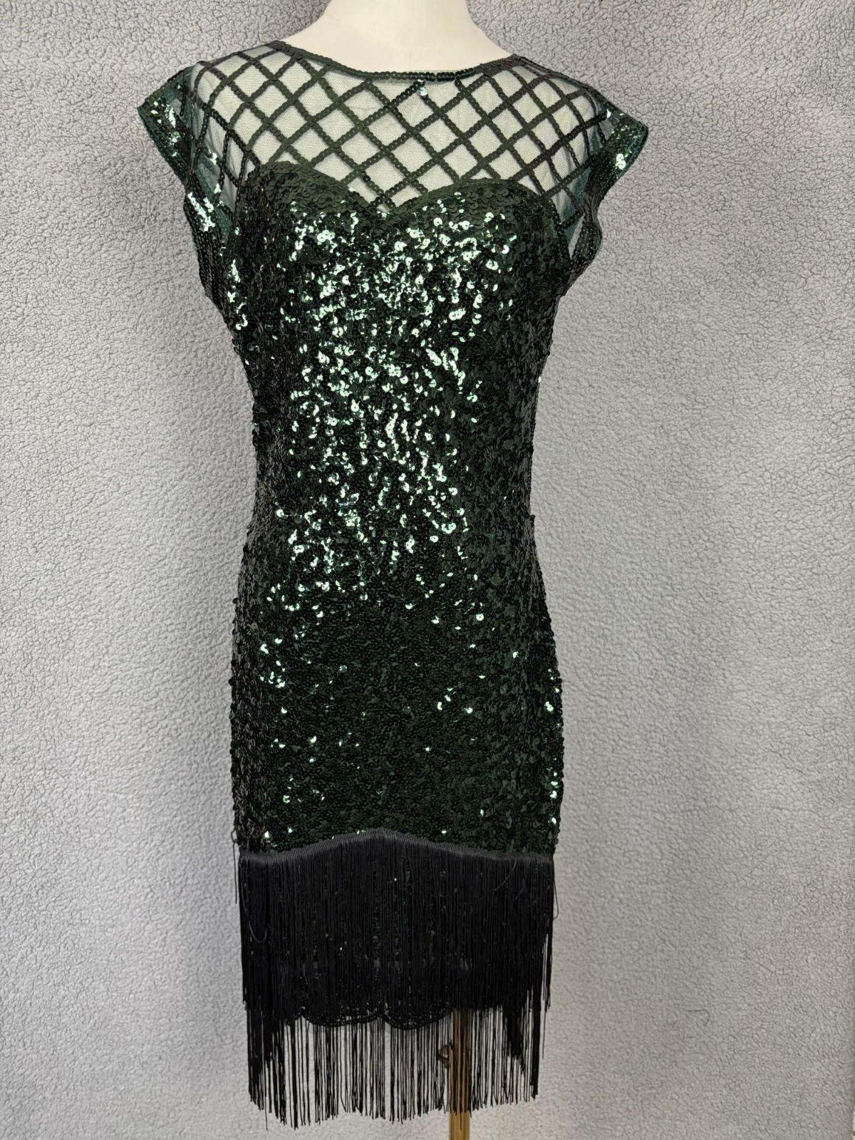 Green Sequin Fringe Flapper Dress Mesh Neckline 1920s Style Dress Small NWOT’s