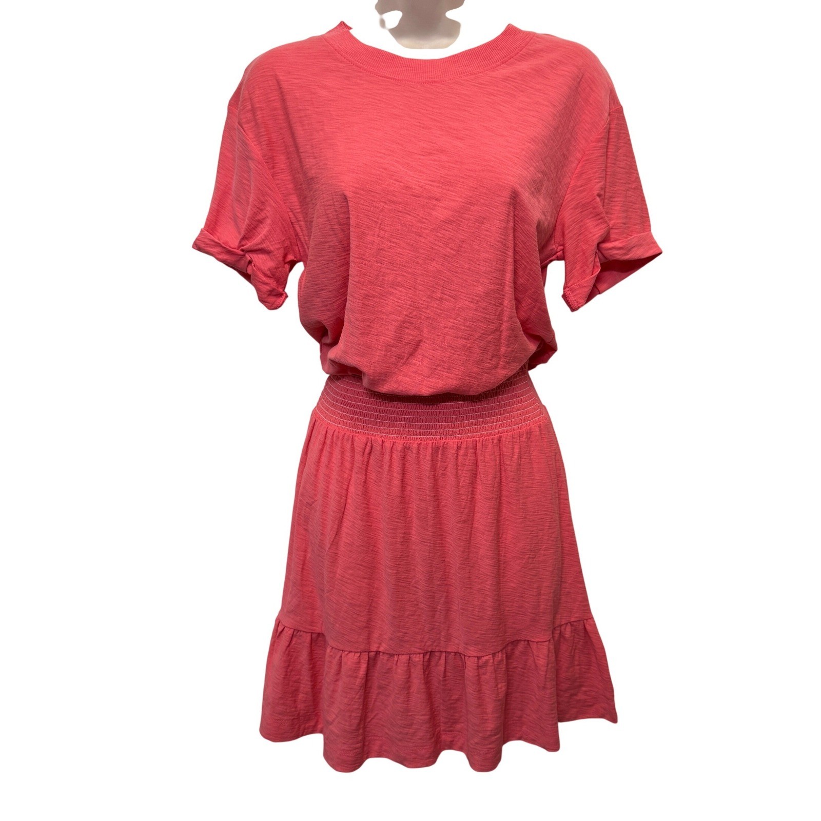 Nation LTD Women Mini Dress XS Coral Pink Pima Cotton Smocked Ruffle Summer