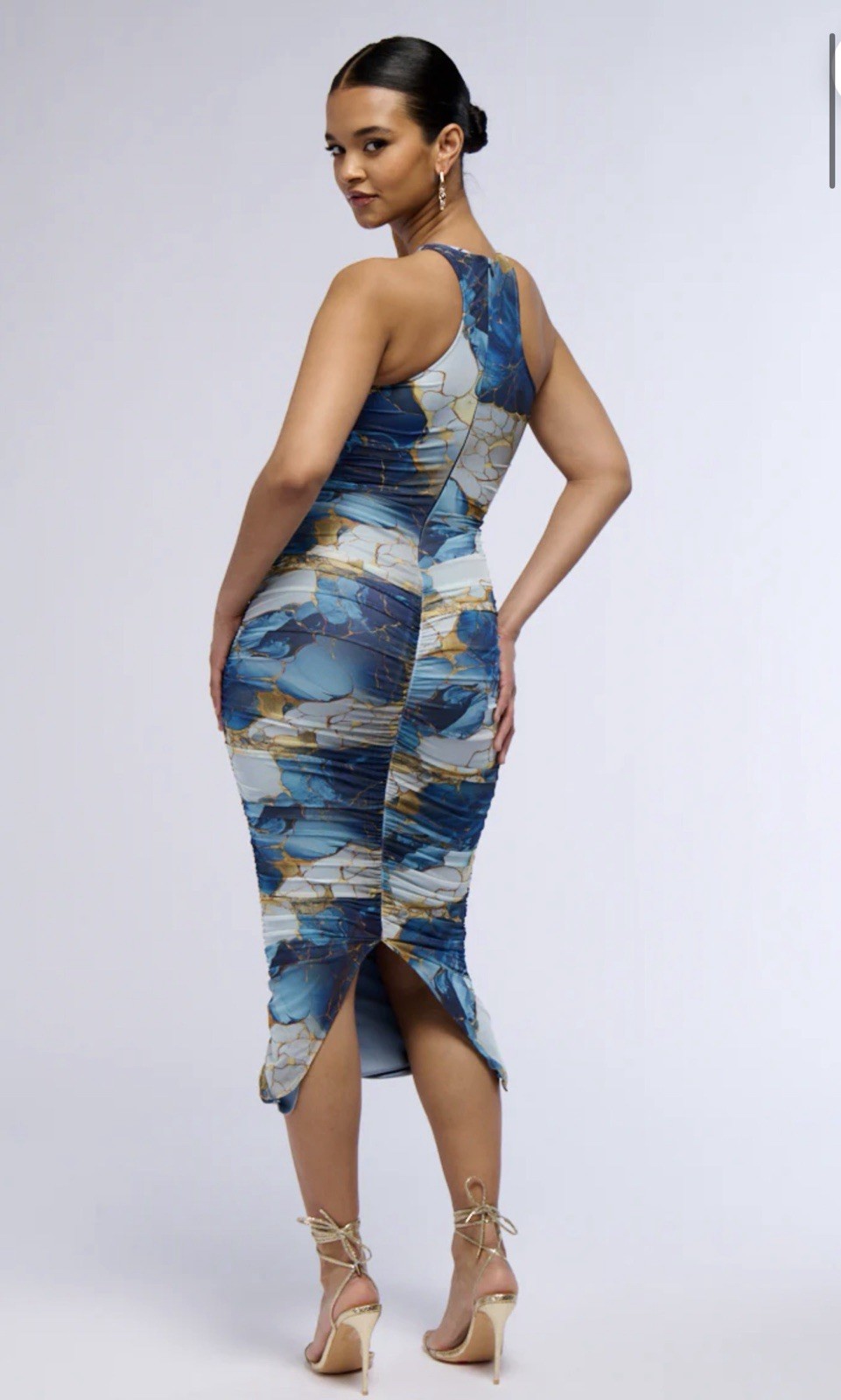 Akira Lorraine Marble Print Mesh Maxi Dress Blue Ruched Bodycon Sleeveless S M