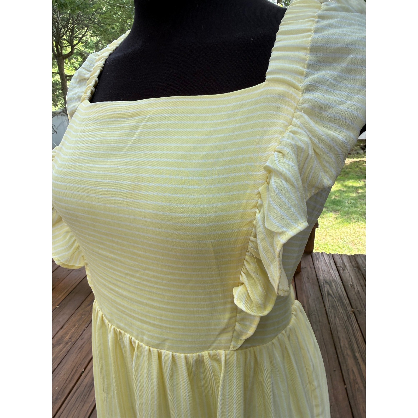 Yellow Pinstripe Ruffle Open Back Tie Midi Dress Cottagecore Sun Dress Medium