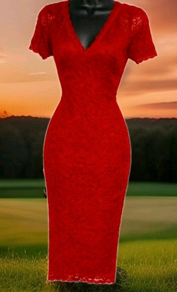 Stretchy red vintage 1940s 1950s Style lace pencil wiggle dress Size 12