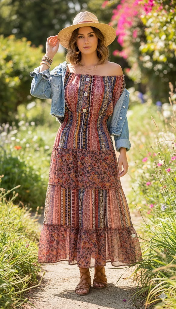 Fig & Flower Floral Tiered Patchwork Boho Smocked Maxi Dress S Cottage Peasant