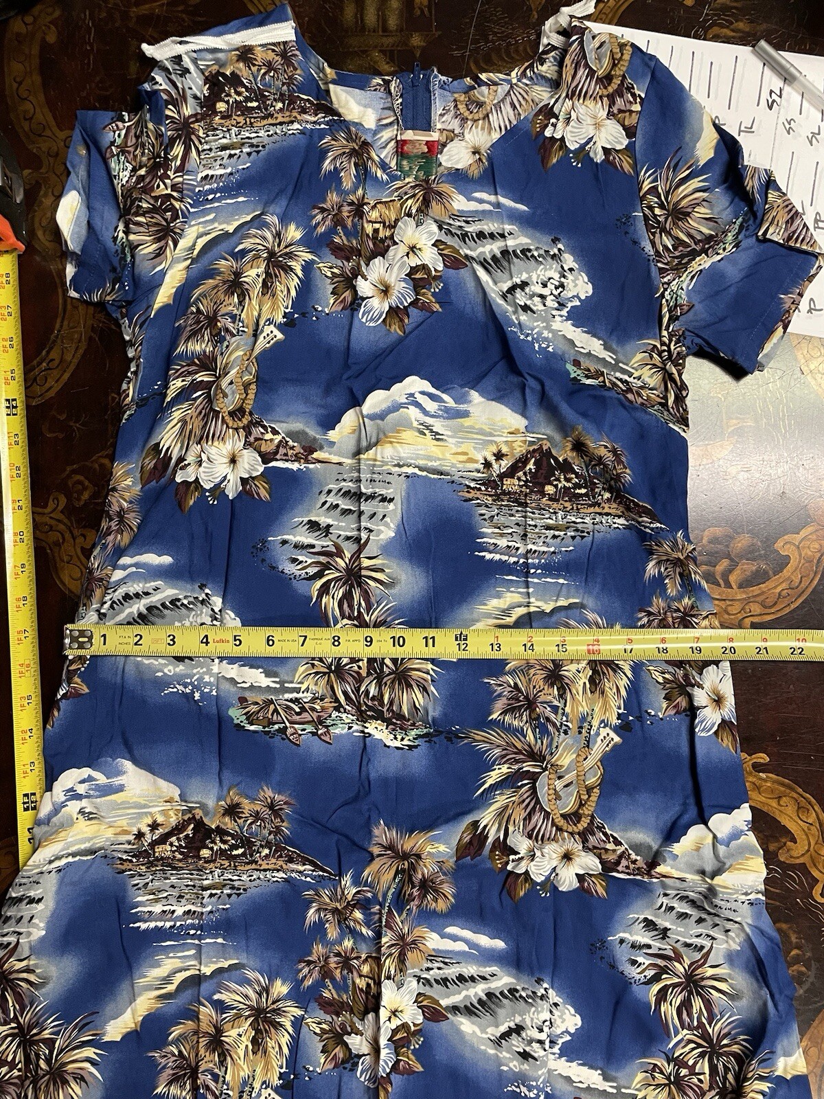 VTG Hilo Hattie Womens Blue Brown Palms Hawaiian Short Sleeve Maxi Dress Beach M