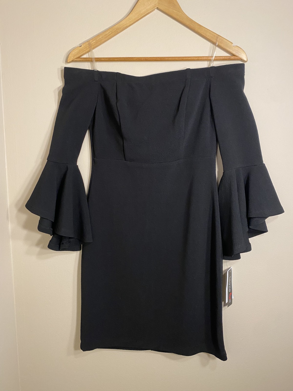 Black Cocktail Dress Off Shoulder Size 8 Formal Evening Bell Sleeve NWT