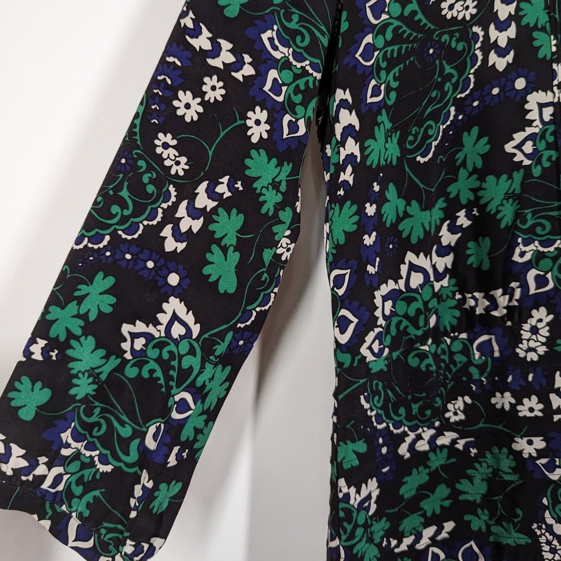 Veronica Beard Elm Silk Shirtdress V-Neck Pleated Green Floral Size 2 Preowned