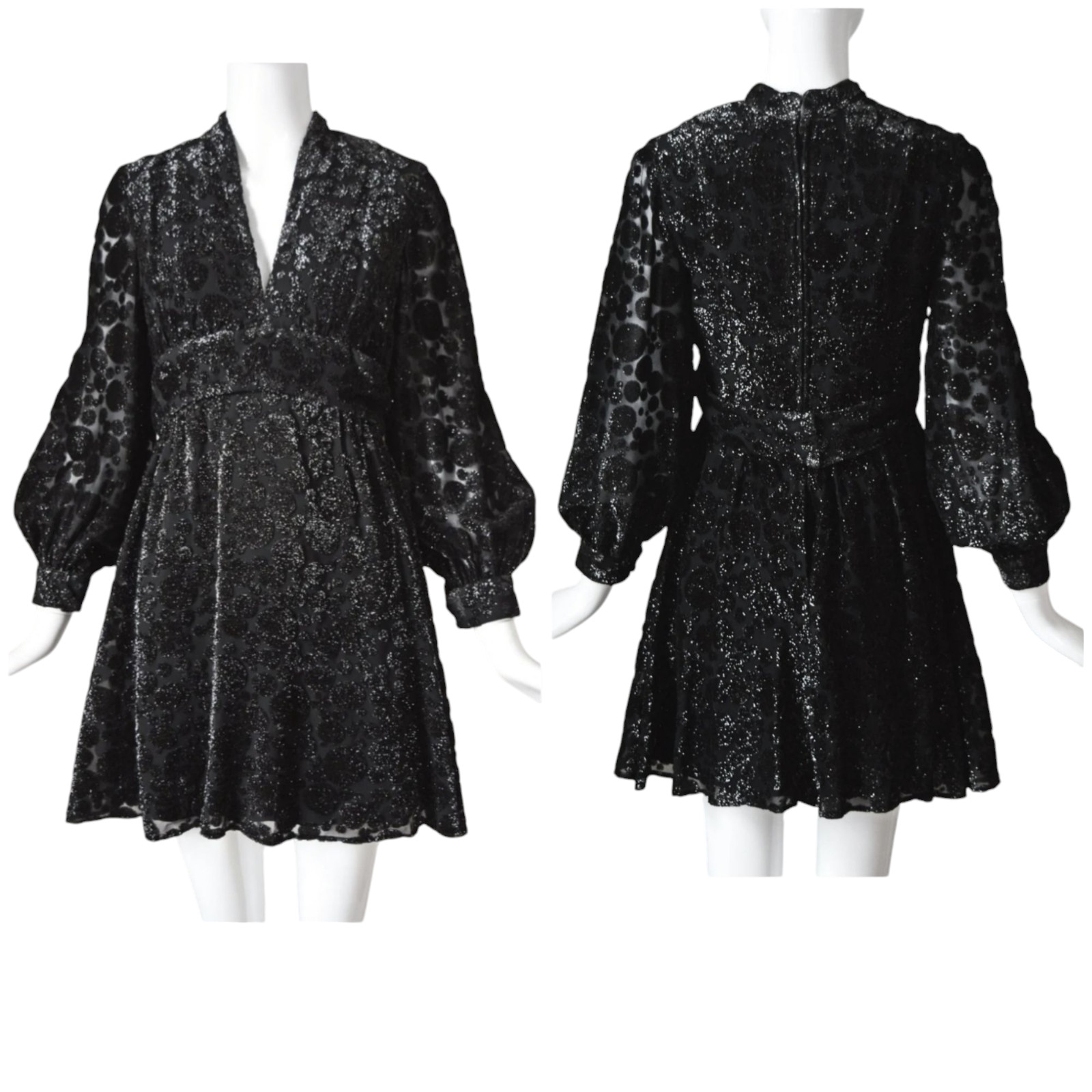 Jayna Vtg Black Metallic Deep V Neck Party Dress Brocade Bishop Sleeve Size S