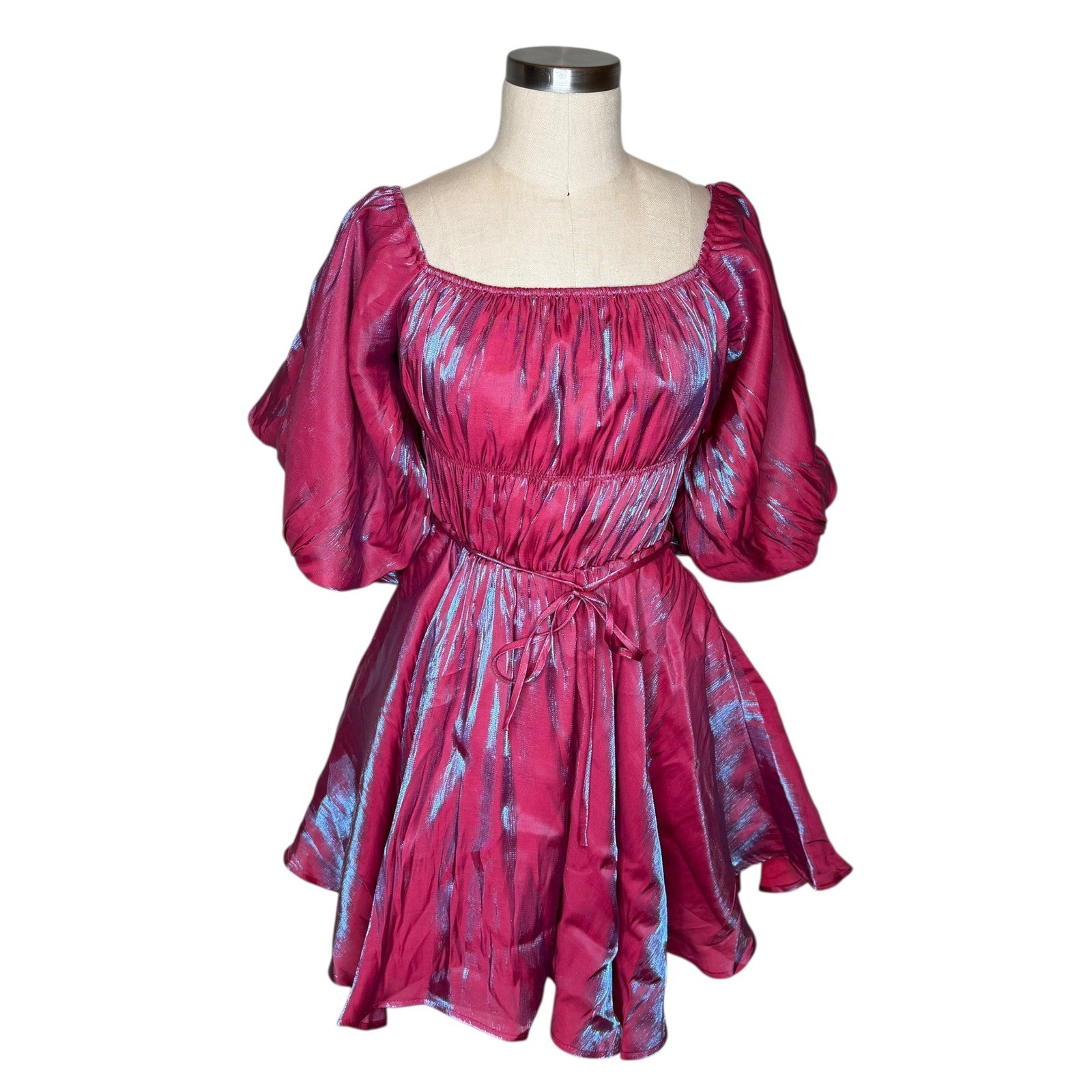 ALTAR’D State Amabella Puff Sleeve Iridescent Pink Blue Shimmer Mini Dress Med